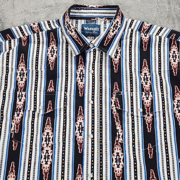Wrangler Western Shirt Mens XL Black Aztec Stripe Pearl Snap Long Sleeve Cotton - Picture 4 of 14